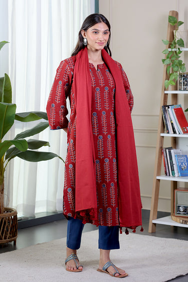 Rust Dyed Cotton Malmal Dobby Dupatta