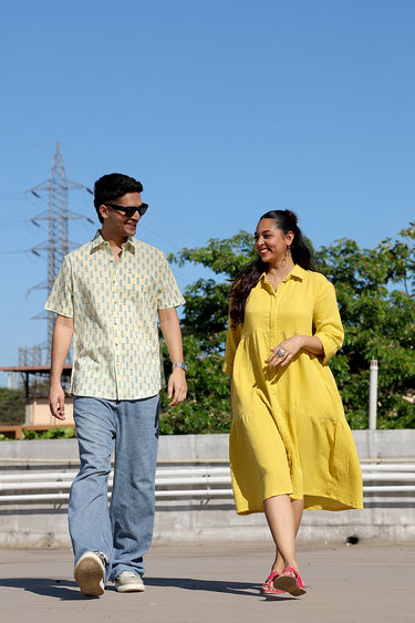 Sunshine Yellow Dyed Cotton Double Cloth Women Midi Dress