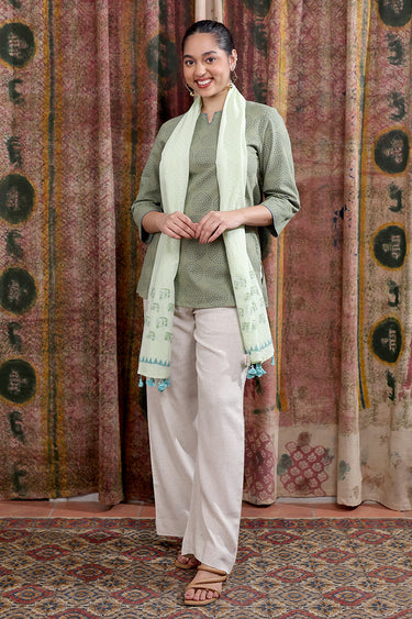 Fern Green Sanganeri Cotton Linen Women Kurti Long Sleeves WKILS253C15