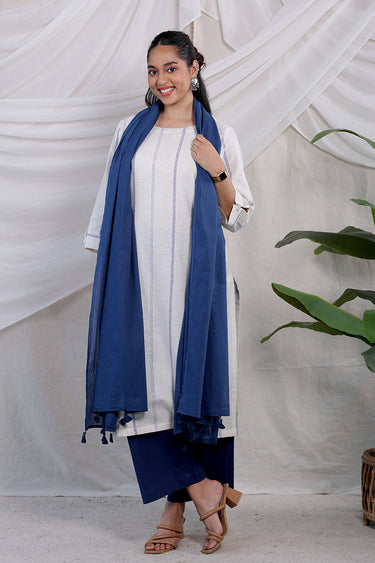 Blue Stripes Natural Cotton Linen Women Long Kurta