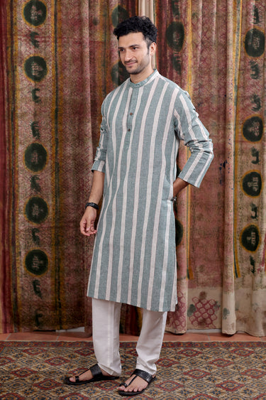 Forest Green Stripes Cotton Linen Men Long Kurta Full Sleeves MLKFS253C33