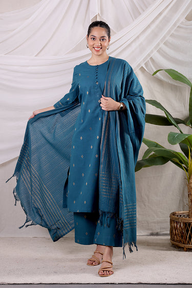 Teal Blue Zari Buti South Cotton Women Long Kurta