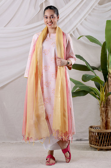 Pink Yellow Sanganeri Cotton Dobby Women Long Kurta