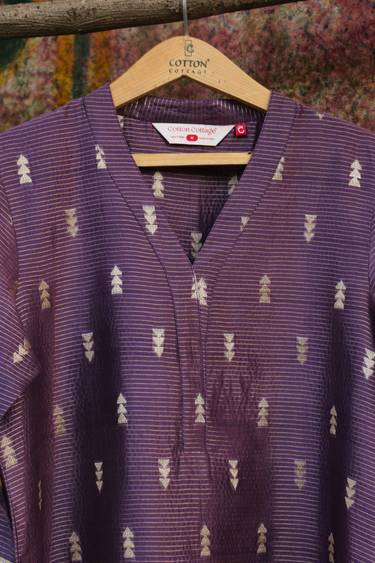 Wine Jaquard Stripes Banarasi Silk Women Long Kurta