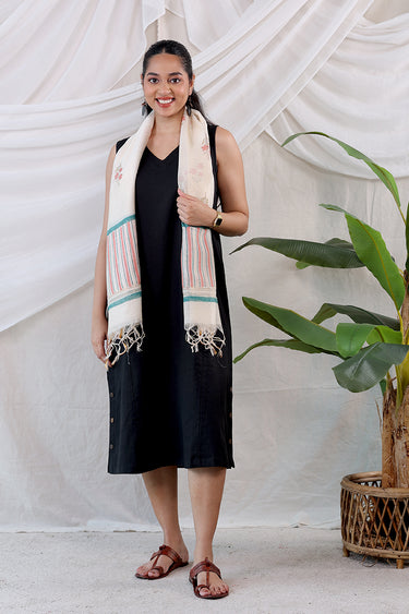 Black Dyed Cotton Flax Women Midi Dress