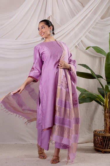 Mauve Dyed Chanderi Silk Women Long Kurta