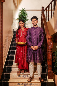 Dark Purple Jaquard Banarasi Silk Men Long Kurta Full Sleeves MLKFS252C54