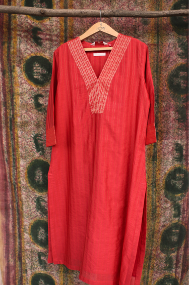 Red Zari Rib Stripes Chanderi Silk Women Long Kurta