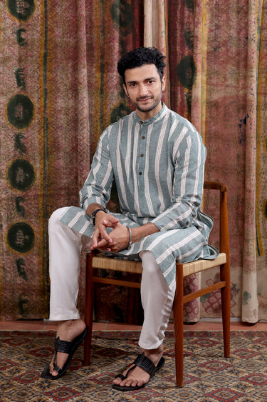 Forest Green Stripes Cotton Linen Men Long Kurta Full Sleeves MLKFS253C33