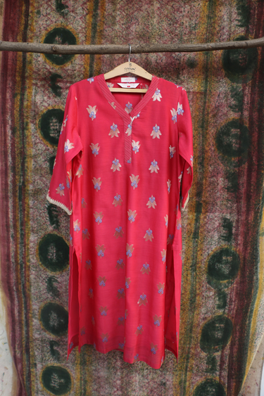 Rose Red Mina Buta Banarasi Silk Women Long Kurta