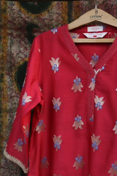 Rose Red Mina Buta Banarasi Silk Women Long Kurta