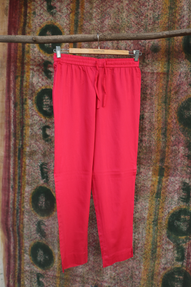 Rose Red Dyed Cotton Satin Women Ankle Pant