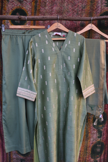 Pista Green Jaquard Stripes Banarasi Silk Women Long Kurta