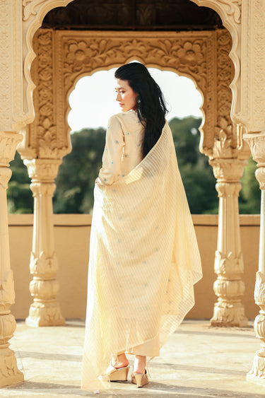 Beige Zari Stripes Chanderi Silk Dupatta DUPAT252C11