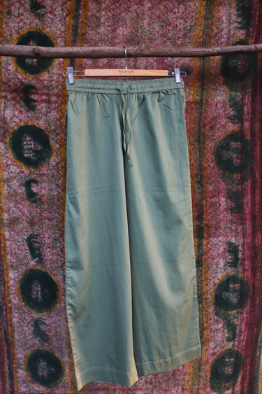 Pista Green Dyed Cotton Satin Women Flared Pant