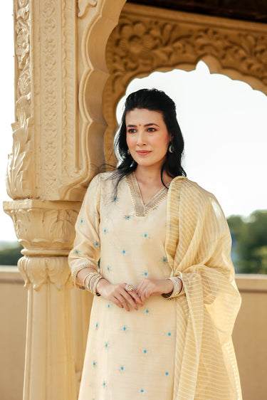 Beige Mina Butta Banarasi Silk Women Long Kurta Long Sleeves WLKLS252C106