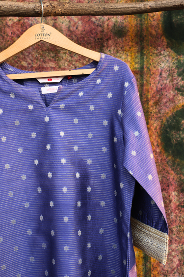 Royal Indigo Jaquard Stripes Banarasi Silk Women Long Kurta