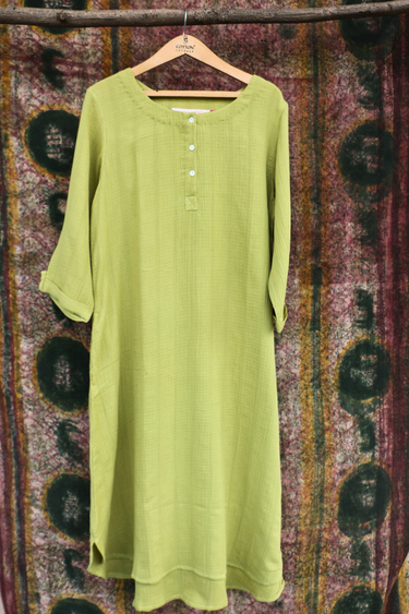 Leaf Green Dyed Cotton Double Cloth Women Long Kurta