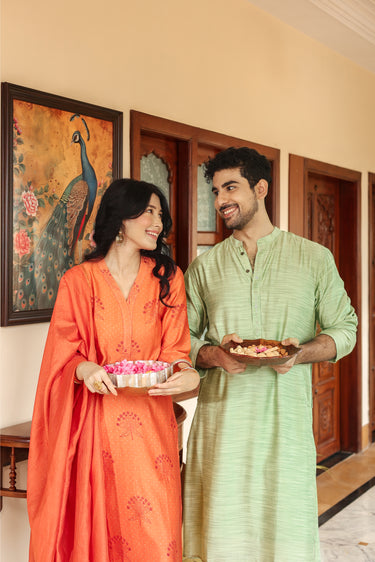 Pastel Green Mukaish Work Silk Viscose Slub Men Long Kurta MLKFS252C43