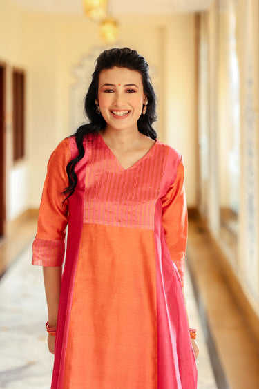Rose Pink Hand Dyed Chanderi Silk Women Long Kurta
