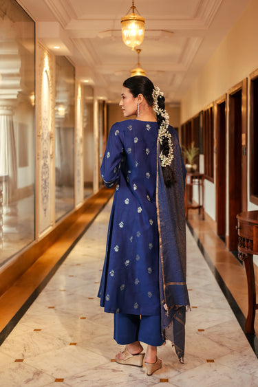 Royal Blue Jaquard Buta Banarasi Silk Women Long Kurta 
