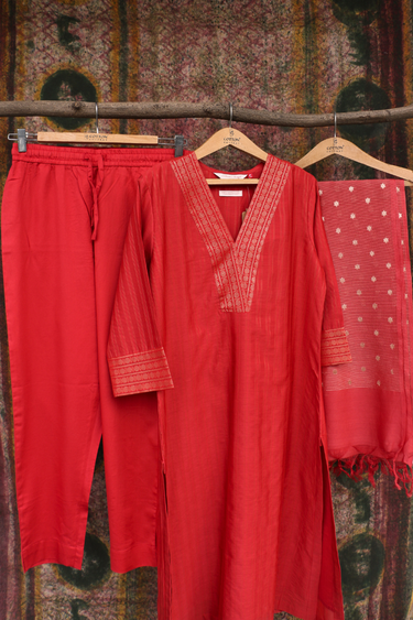Red Zari Rib Stripes Chanderi Silk Women Long Kurta