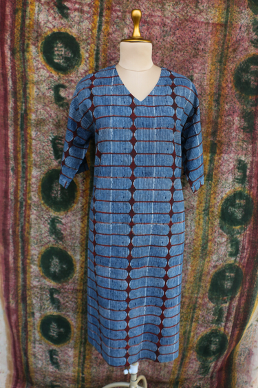 Indigo Ajrakh Cotton Slub Women Midi Dress
