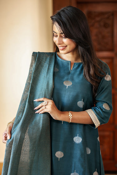 Teal Blue Zari Stripes Chanderi Silk Dupatta DUPAT252C21