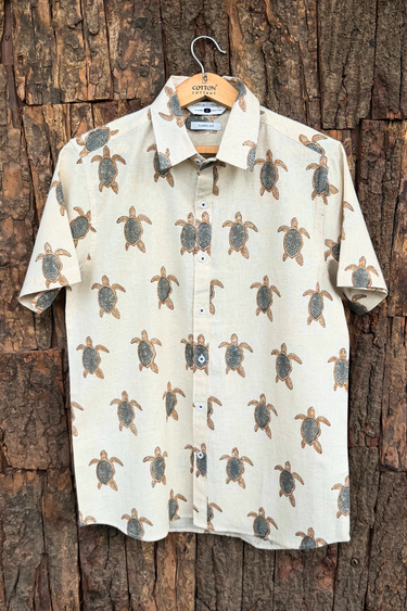 Lucy Brown Grey Sanganeri Natural Cotton Linen Men Shirt