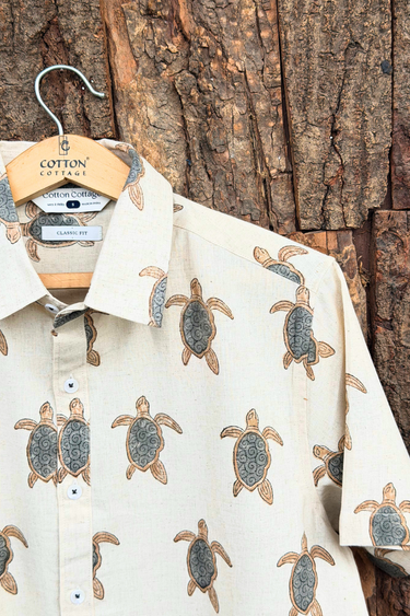 Lucy Brown Grey Sanganeri Natural Cotton Linen Men Shirt