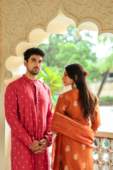 Dark Pink Jaquard Banarasi Silk Men Long Kurta Full Sleeves MLKFS252C33