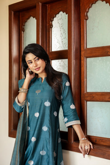 Teal Blue Jaquard Buta Banarasi Silk Women Long Kurta Long Sleeves WLKLS252C141