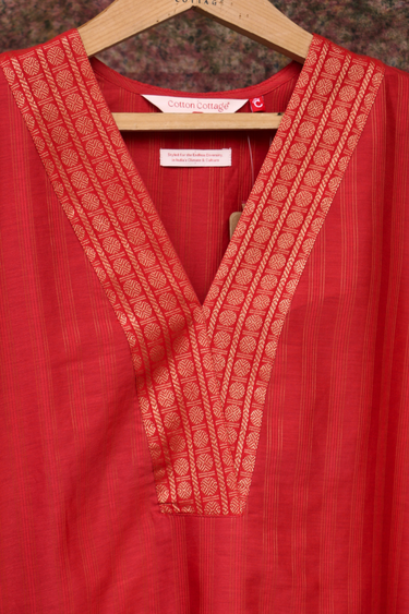 Red Zari Rib Stripes Chanderi Silk Women Long Kurta