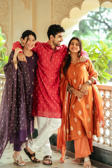 Burnt Orange Jaquard Buta Banarasi Silk Women Long Kurta Long Sleeves WLKLS252C124