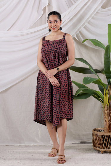 Red Blue Ajrakh Cotton Women Midi Dress