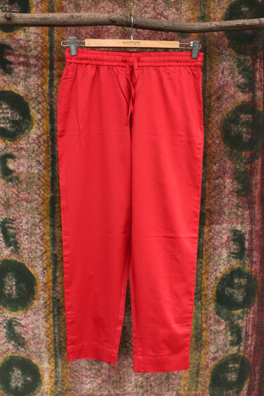 Red Dyed Cotton Satin Women Ankle Pant