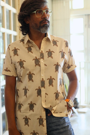 Lucy Brown Grey Sanganeri Natural Cotton Linen Men Shirt