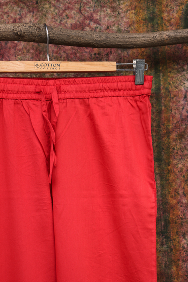 Red Dyed Cotton Satin Women Ankle Pant