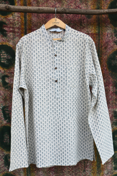 Steel Grey Sanganeri Natural Cotton Linen Men Short Kurta