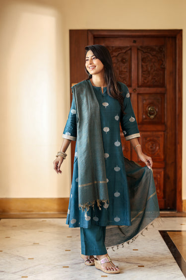 Teal Blue Zari Stripes Chanderi Silk Dupatta DUPAT252C21