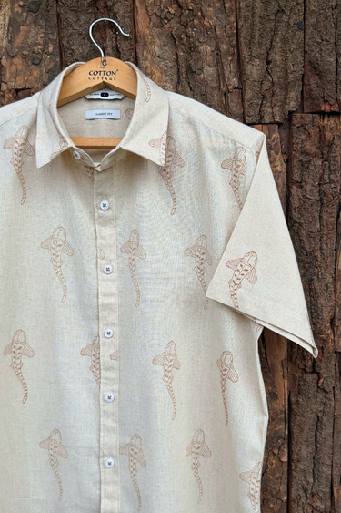 Pastel Brown Sanganeri Natural Cotton Linen Men Shirt