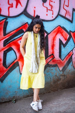 Yellow Hand Dyed Cotton Double Cloth Women Midi Dress Sleeveless WDRSL042411