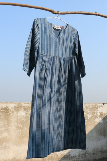 Indigo Dhabu Cotton Women Midi Dress Long Sleeves WDRLS253C4