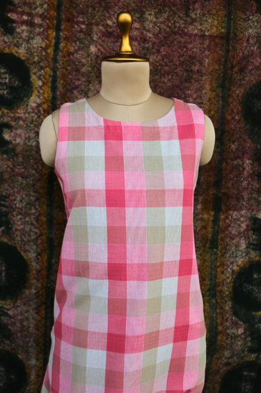 Red Peach Checks Cotton Women Midi Dress