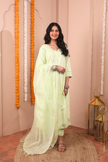 Lime Green Sanganeri Dobby Stripe Women Long Kurta Long Sleeves WLKLS252C47