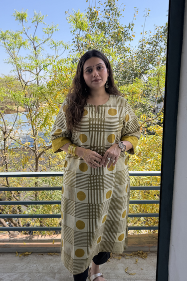 Military Green Bagru Cotton Slub Women Long Kurta