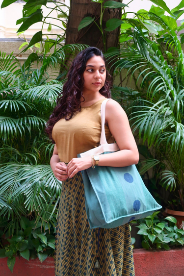 Green Hand Block Print Duck Cotton Tote Bag TOTBG252C17