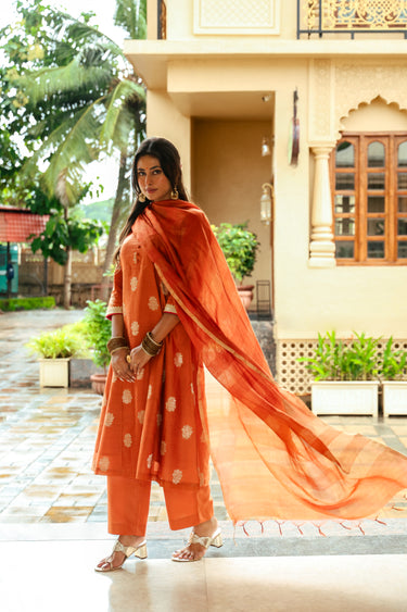 Burnt Orange Zari Stripes Chanderi Silk Dupatta DUPAT252C14