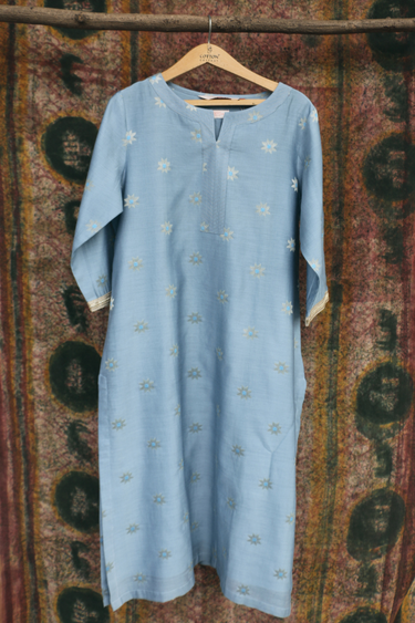 Light Blue Mina Buta Banarasi Silk Women Long Kurta