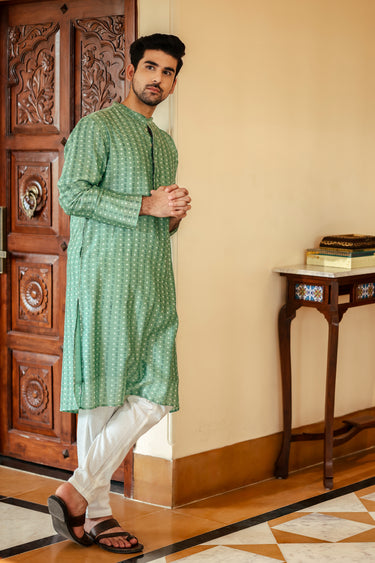 Mint Green Sanganeri Chanderi Silk Men Long Kurta Full Sleeves MLKFS253C14